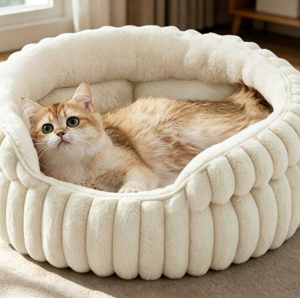 Round Corduroy Cat Bed, Non-Slip, Cream